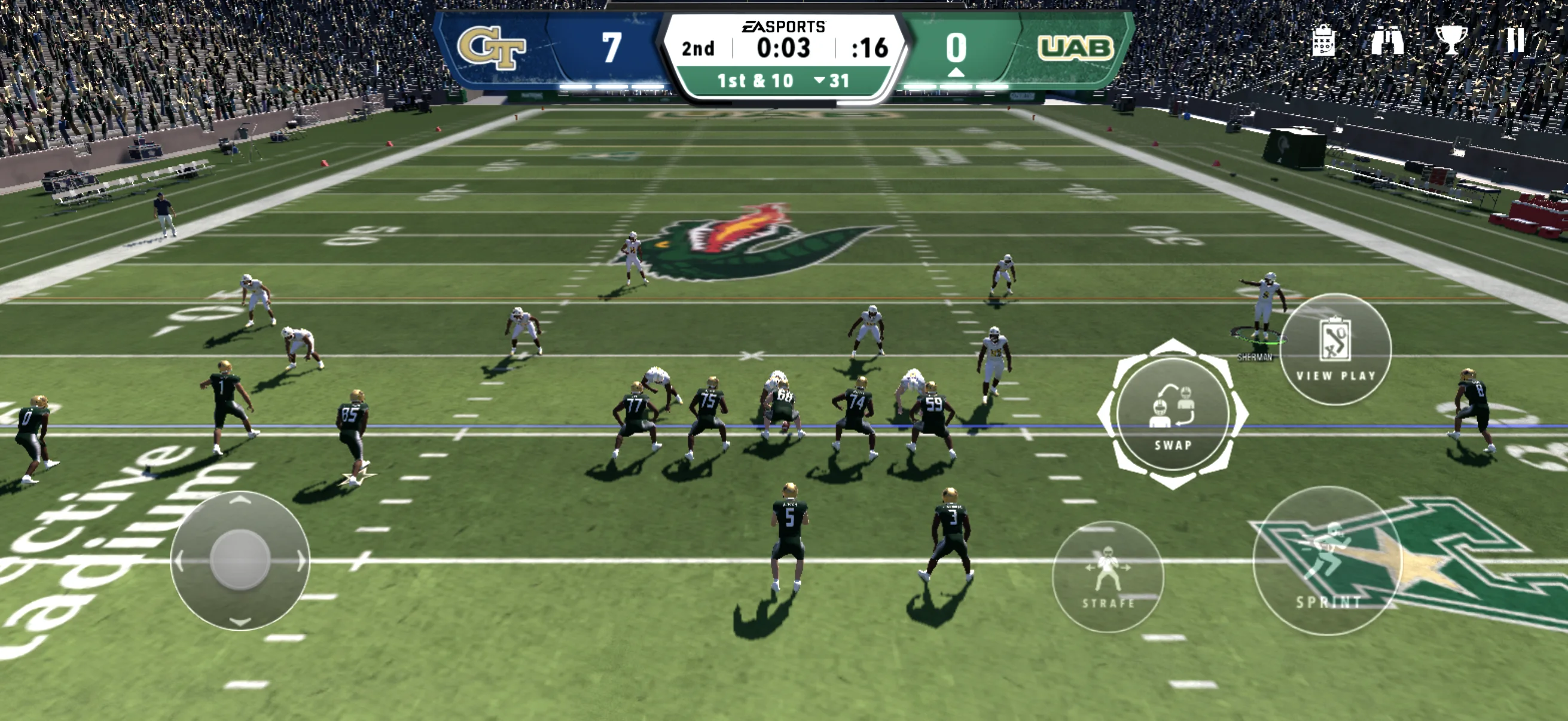 College Football Mobile 27 pre-play gameplay showing defensive touch controls
