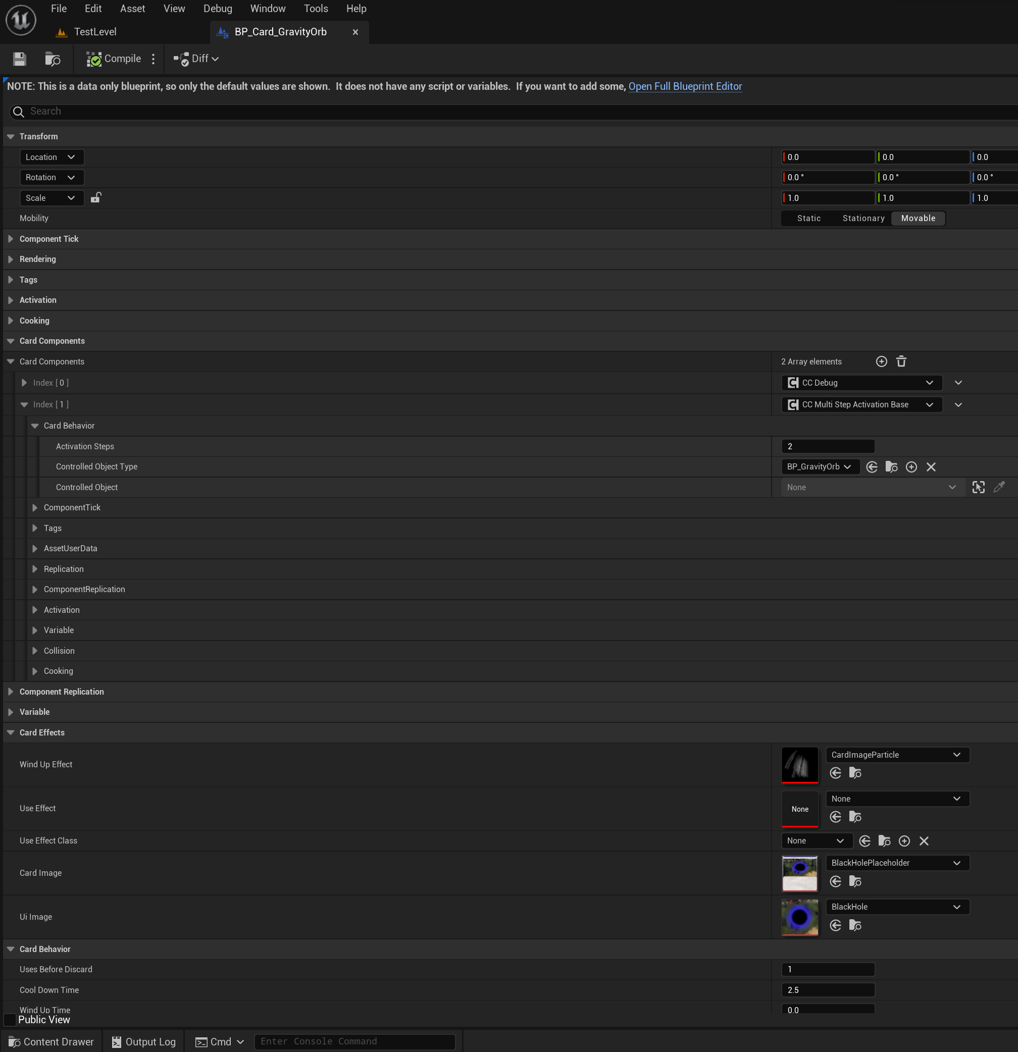 Unreal Engine data-only card Blueprint showing an array of reusable card components and configurable card settings