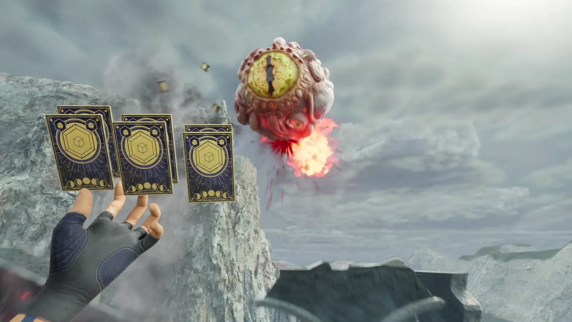 Deckweaver first-person combat with cards visible in the player's hand
