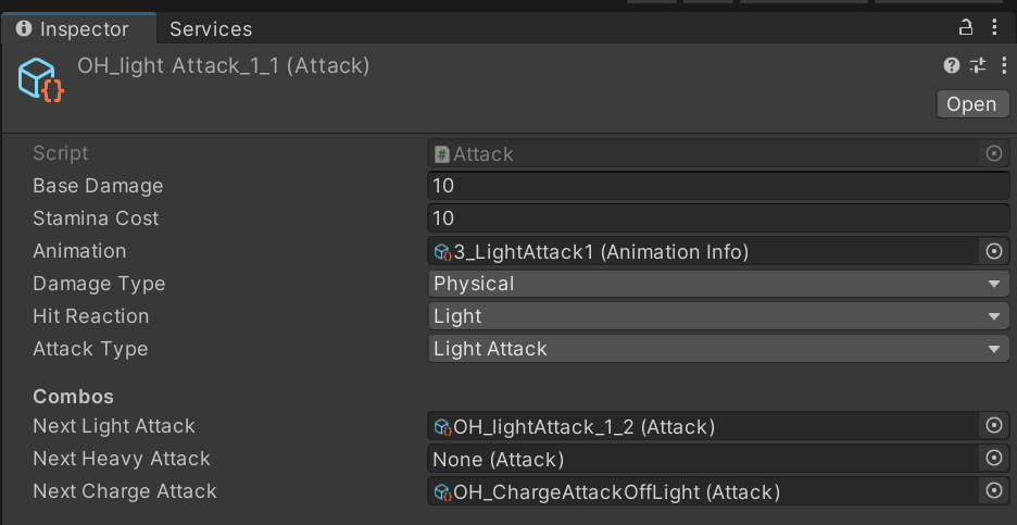 Unity Attack ScriptableObject showing damage, stamina, animation, hit reaction, and combo follow-up fields