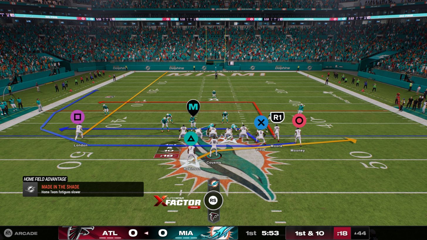 Madden gameplay showing a designed offensive play and receiver routes
